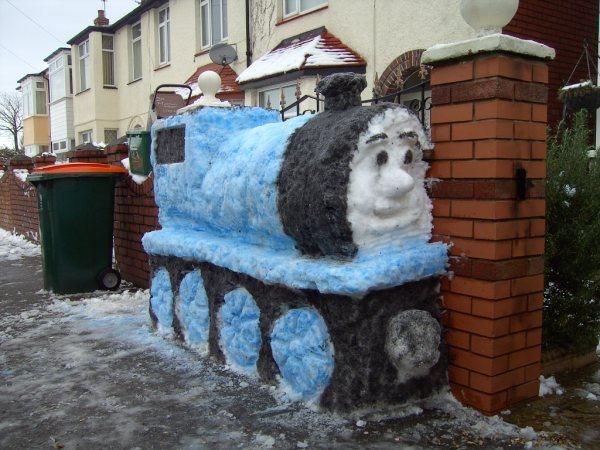 Useful: a snow Thomas the Tank Engine pulls up in Newport
