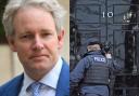 Left: Danny Kruger MP. Right: A police officer knocks on the door of No 10 (PA picture).