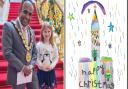 Mayor Cllr Atiqul Hoque with Martha winner of the Christmas Card competition