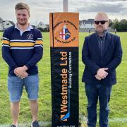 Allen Gilbert (right), Ellingham's former prop forward and owner of their main sponsor Westmade, before the game with Ellingham's 1st XV captain Andrew Lorton, who's currently injured.