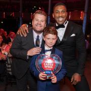 Harry with James Corden and Anthony Joshua.