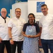 Akshatha Srinivasan with Steve Lloyd, chef lecturer at Wiltshire College, Chris Cleghorn, Michelin-starred Executive Head Chef at The Olive Tree, Bath, and Hywel Jones, Michelin-starred Executive Chef at Lucknam Park, Bath