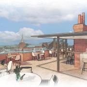 Lumion sketch view of the rooftop bar with Salisbury Cathedral in the background