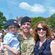 A proud Battery Commander – Major Charlie Harmer with his son Byron, three, and wife Charlotte