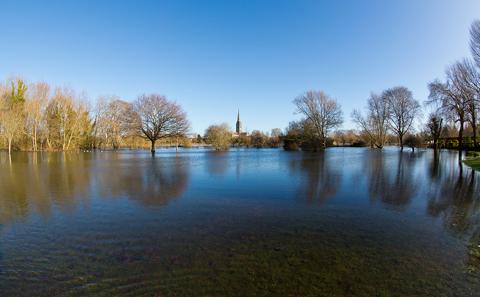 The flooding near Salisbury Cathedral viewed from Harnham. Taken by Colin Froude.