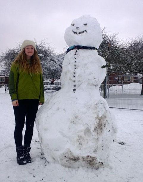 Imogen Trigger with a snowman friend.