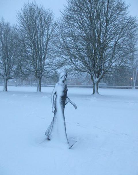 Tricia Glass sent in this picture of the Walking Madonna in the Cathedral Close coated in snow.