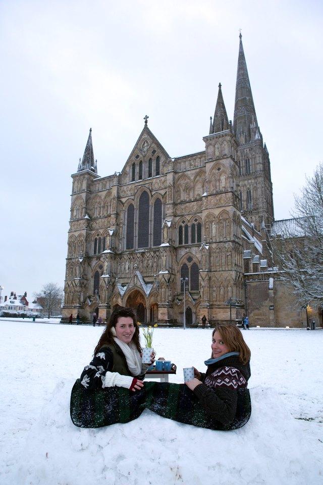 Adrian Harris took this lovely picture of Cathedral Close residents Olympia Hetherington and Rachel Abbott having a cuppa on their snow sofa.