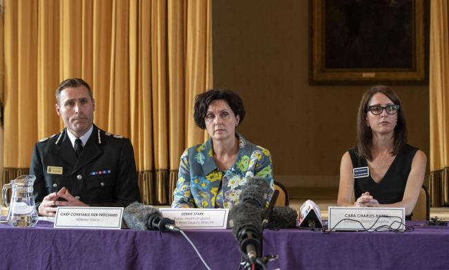 Wiltshire Police Chief Constable Kier Pritchard, Public Health England South West Deputy Director Debbie Stark and Cara Charles-Barks, Chief Executive of Salisbury District Hospital at a press conference in Amesbury. Steve Parsons/PA Wire