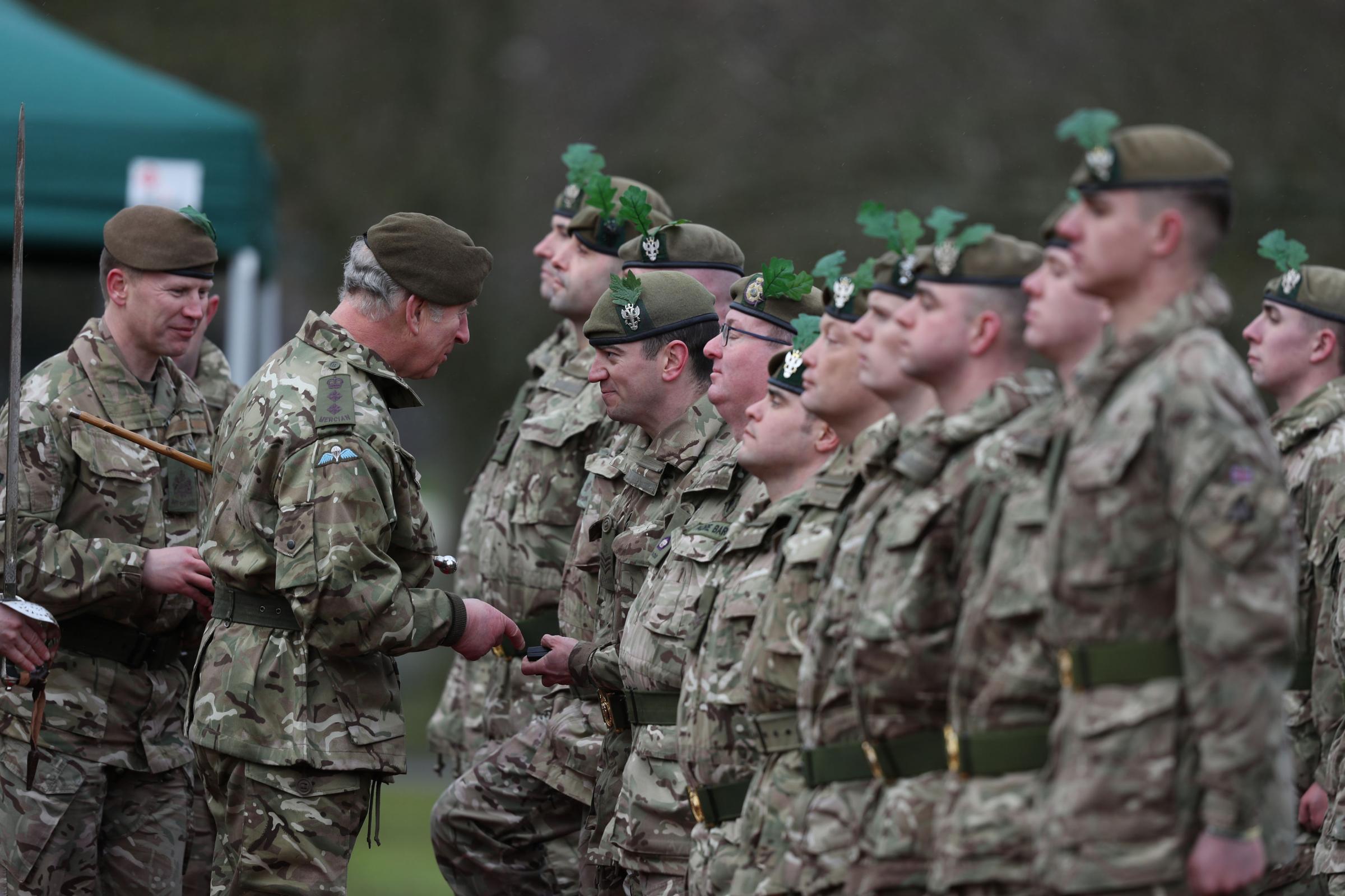 The Prince of Wales at Bulford Camp in Salisbury during a medal ceremony as he visits the 1st Battalion the Mercian Regiment to mark 10 years as colonel-in-chief and 40 years since becoming colonel-in-chief of the Cheshire Regiment. PRESS ASSOCIATION
