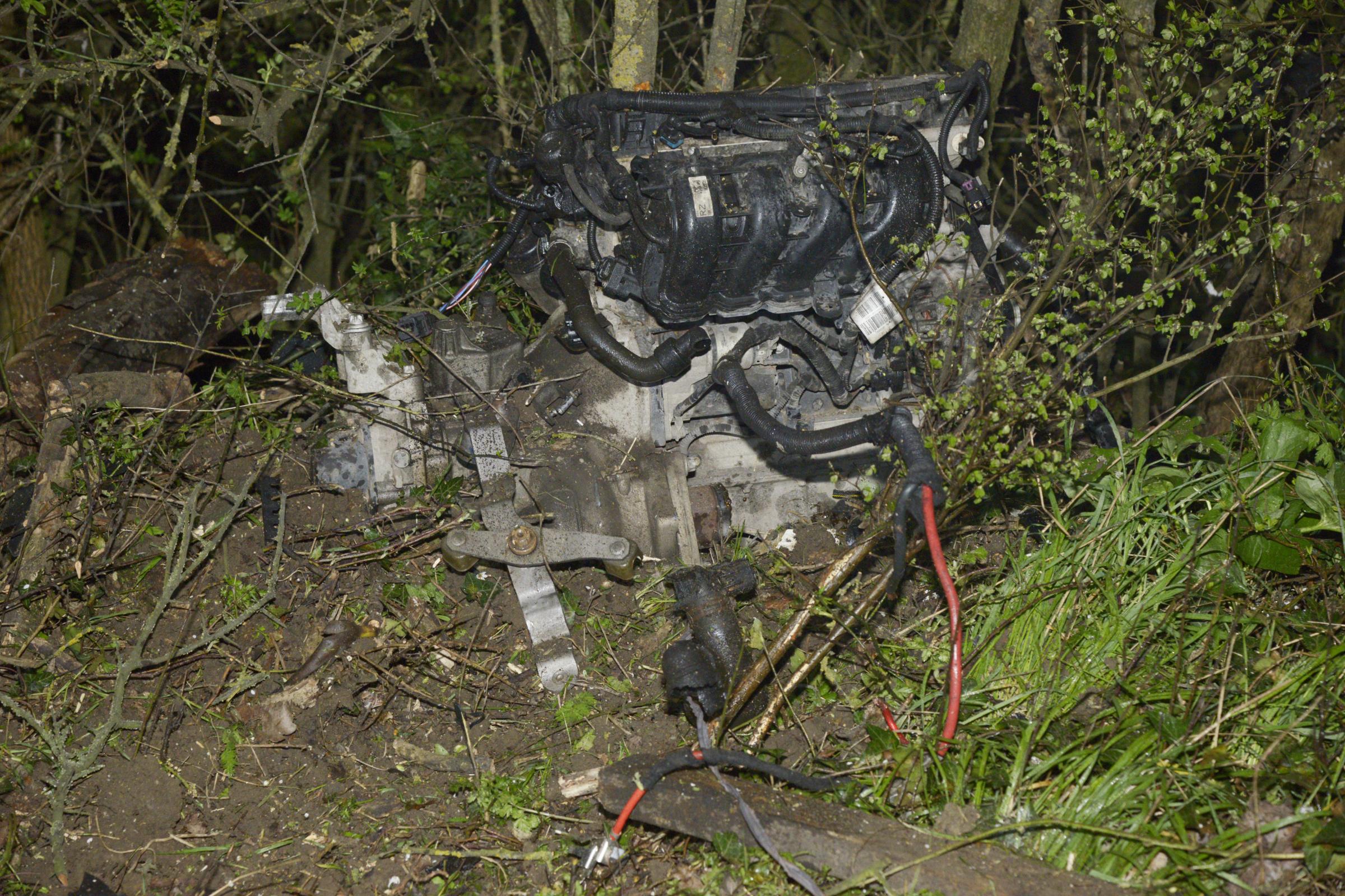 A350 Multi-car crash: The wrecked engine from the Vauxhall Corsa that was torn from the car during the high speed accident. Picture by Trevor Porter