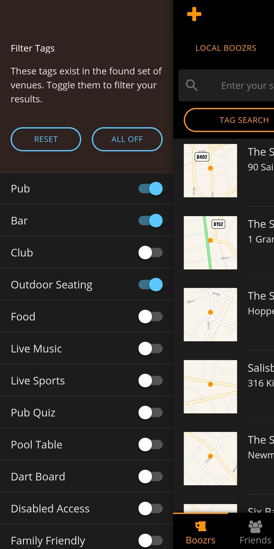 You can choose on the Boozr app if you want to search venues by outdoor seating 
