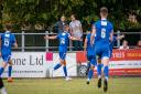 Sam Ashton celebrates his goal during the FA Cup First Qualifying Round tie between Poole Town and Salisbury on Sat 3rd September 2022 at The BlackGold Stadium, Poole, Dorset. Photo: Ian Middlebrook.