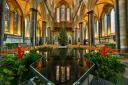Enormous Christmas tree stands fully decorated in Cathedral