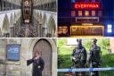 Clockwise from top left: Salisbury Cathedral showing the coronation of King Charles III, the Everyman Cinema on Endless Street, armed police in Gainsborough Close, and Victoria Flint