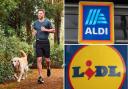 Left photo (via Aldi) shows a man wearing Crane's training shorts from Aldi. Aldi and Lidl logos from PA