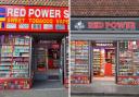 Red Power Shop, before and after it was forced to change its signage.