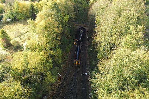 Salisbury Journal: An aerial view of Salisbury Tunnel Junction with the two trains which collided in Salisbury. From RAIB