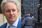 Left: Danny Kruger MP. Right: A police officer knocks on the door of No 10 (PA picture).