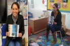 Left: Michelle with her Penguin in the window book. Right: Michelle reading her book to school kids