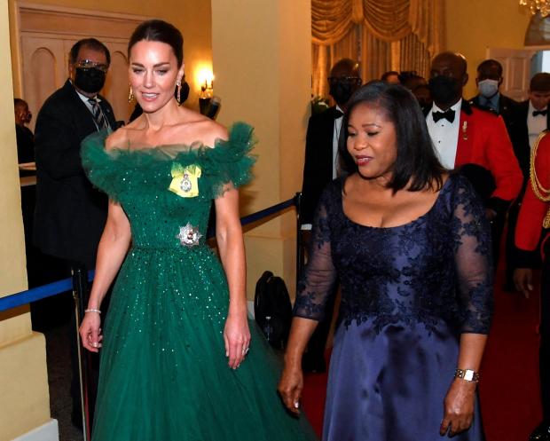 Salisbury Journal: Patricia Allen (right), wife of Patrick Allen, Governor General of Jamaica, teacher and nurse, arrives with the Duchess of Cambridge for a dinner hosted by her husband at King's House, Kingston, Jamaica, on day five of the royal tour of the Caribbean. (PA)