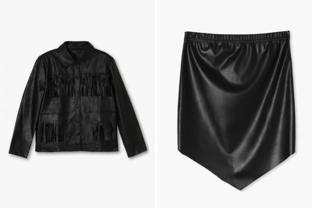 Salisbury Journal: (Left) Fringe Faux Leather Jacket and (right) Pointed Hem PU Mini Skirt in black (Boohoo/Canva)