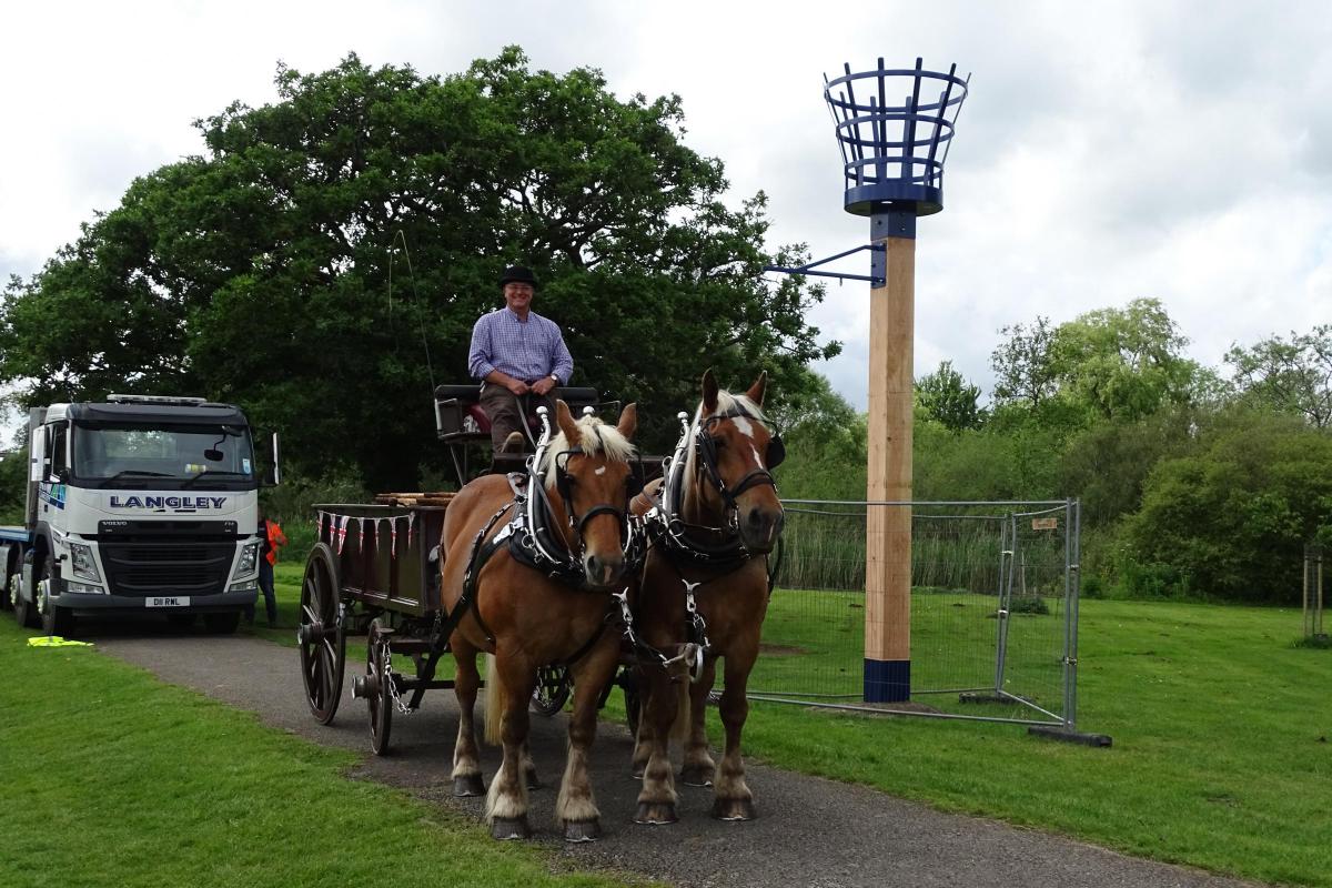 David Shering with his horses Belle and Bresil who transported the Queen's Jubilee beacon to Fordingbridge Recreation where it was installed ready for the town's celebrations