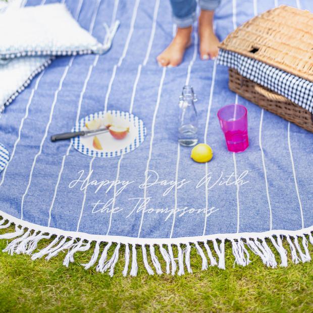 Salisbury Journal: Personalised Round Blue Picnic Or Beach Blanket. Credit: Not On The High Street