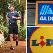 Left photo (via Aldi) shows a man wearing Crane's training shorts from Aldi. Aldi and Lidl logos from PA