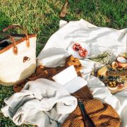 A picnic blanket and items laid out on the grass. Picture from Canva