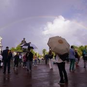 A rainbow over the Queen Victoria Memorial on Thursday as people gather outside Buckingham Palace in central London, shortly before the announcement that Queen Elizabeth II had died