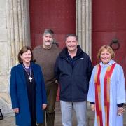 The Deans as they leave Winchester Cathedral, embarking on a 27-mile trek to Salisbury Cathedral. From left to right, Bishop Debbie, Very Rev Tim Barker, Very Rev Mike Keirle and Very Rev Catherine Ogle. (Photo courtesy Diocese of Salisbury)