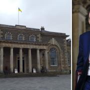 Left: The Ukraine flag flying at Salisbury Guildhall and right: John Glen MP