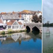 Left: The George at Fordingbridge, and right: flooding at Fordingbridge Recreation Ground