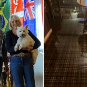 Paul and Deborah Risbridger and their dog Billy at the Elm Tree pub in Ringwood and (right) water damage after Storm Ciaran