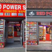 Red Power Shop, before and after it was forced to change its signage.