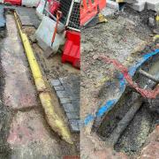 Uncharted and shallow pipes were found under the pavement on Fisherton Street as old pavement slabs were removed to make way for new replacements.