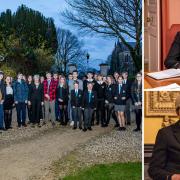 Left: Theresa May at Arundells with pupils from Wyvern St Edmund's and and South Wilts Grammar School, top right: at Arundells, and bottom right: Giving a talk at Salisbury Guildhall