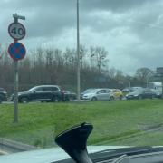 Traffic at Countess Roundabout, A303, near Stonehenge.
