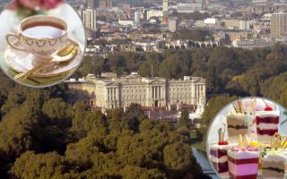 Background - Buckingham Palace (PA). Circles - (Left) a tea cup and saucer and (right) desserts (Canva).
