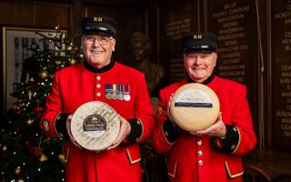 Lyburn Farmhouse Cheesemakers donation with Chelsea Pensioners Mike Thomas & Roger Thompson.