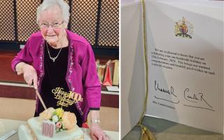 Left: Joan Jenkins cutting her 100th birthday cake; Right: The birthday card she received from the King