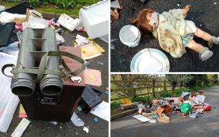 Huge amount of fly-tipped rubbish including mortar shell carrier left in lay-by