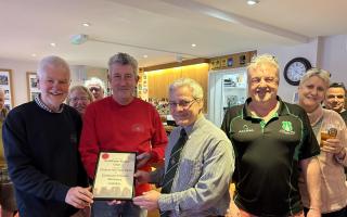 Left to right: Keith Foster and Chris White from CAMRA present the Club of the Year award to Russell Jugg, chairman of Salisbury Rugby Club,and Neil Tonge, its cellar keeper.