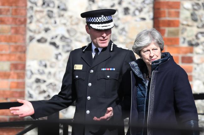 Prime Minister Theresa May, with Wiltshire Police Chief Constable Kier Pritchard,  in Salisbury as she views the area of the suspected nerve agent attack on Russian double agent Sergei Skripal and his daughter Yulia. PRESS ASSOCIATION Photo. Picture date: